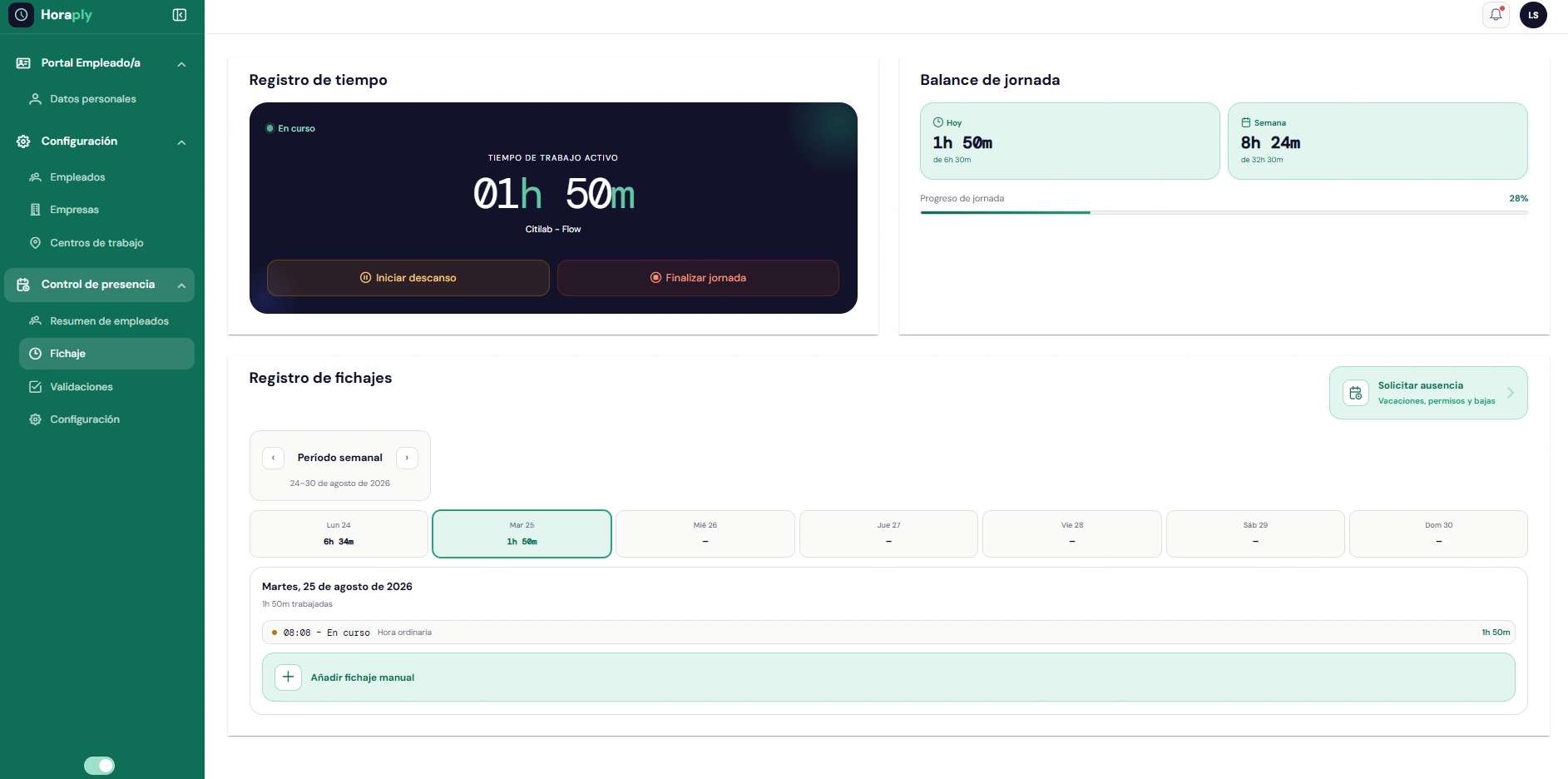 Vista de HoraPly para registrar la jornada, consultar el balance y revisar los fichajes