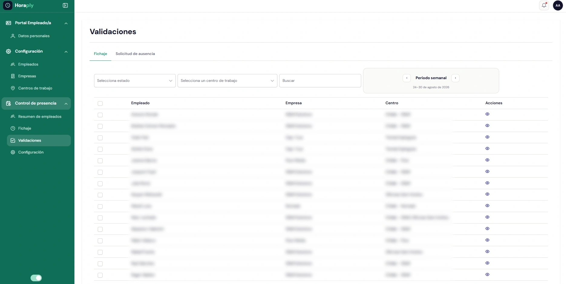 Vista de validaciones de HoraPly con los registros pendientes de revisión