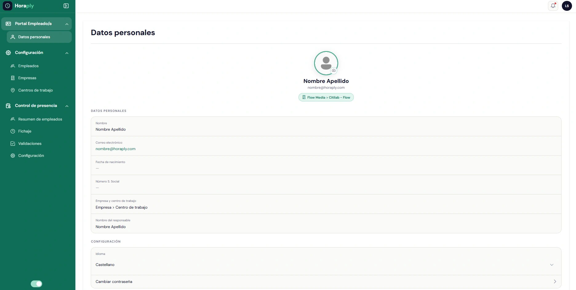 Portal del empleado de HoraPly con sus datos personales y configuración