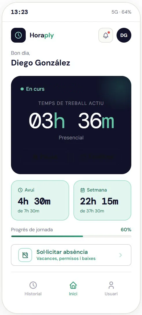 Aplicación móvil HoraPly mostrando la jornada y su progreso